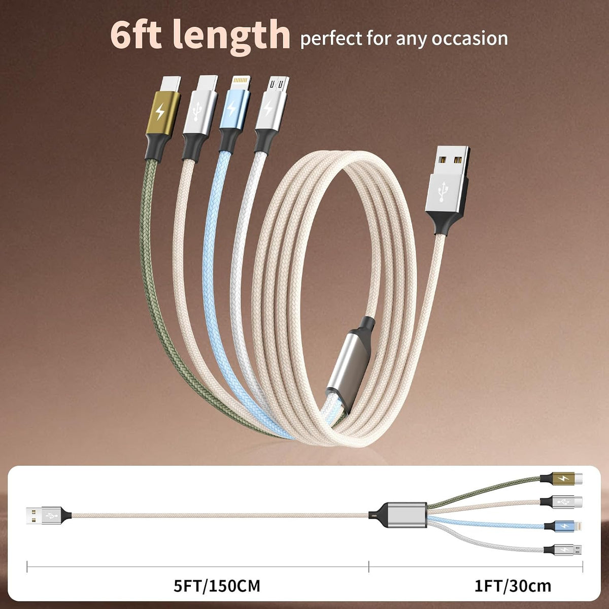 4 in 1 Multi Charging Cable, 5FT Charging Cords for Multiple Devices