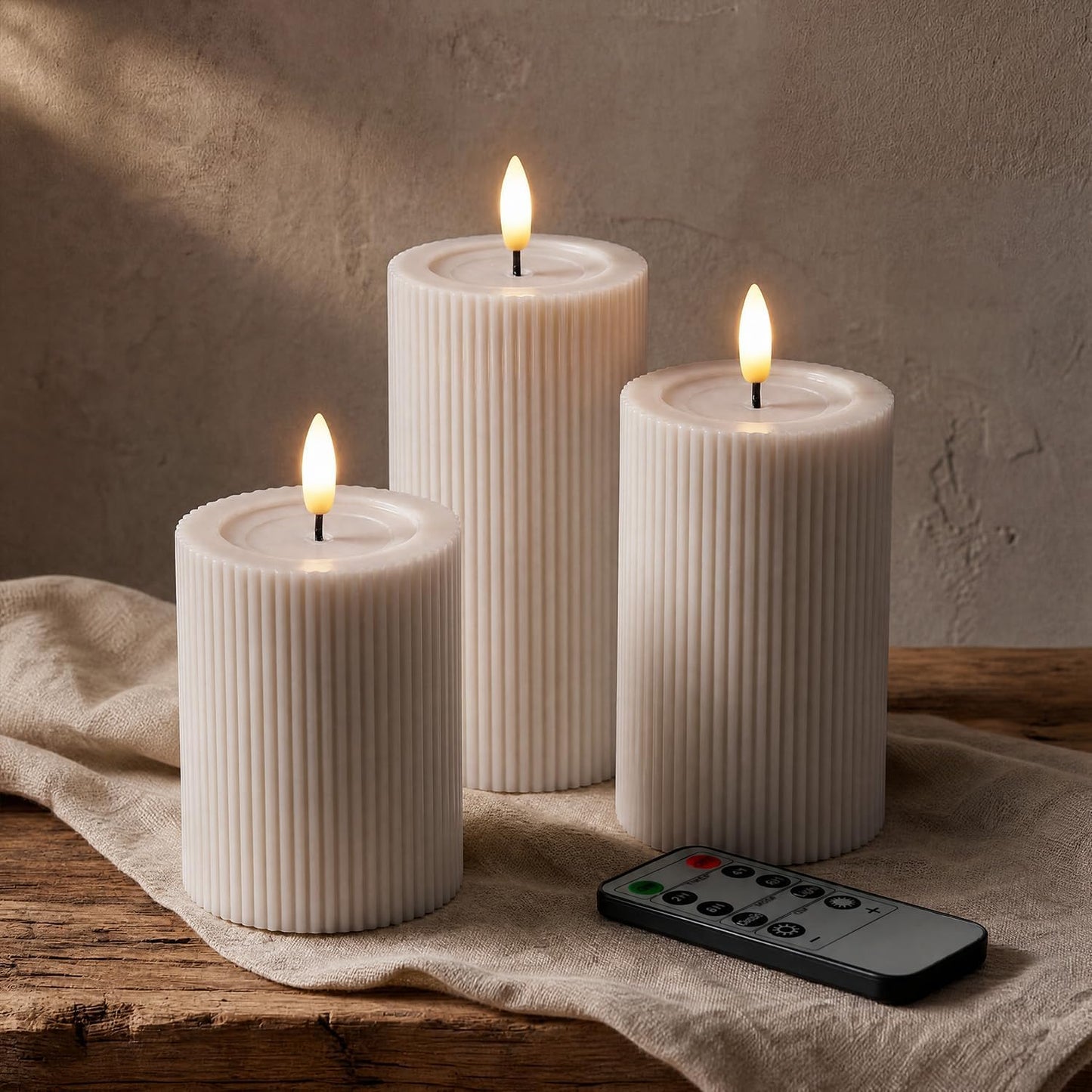 Ribbed Fluted Real Wax Flameless LED Pillar Candles, Loden Sage Olive Green, Melted-Wax Top Look, Flickering Flame, Battery Operated, Remote & Timer, Shelf & Wedding Decor (Set of 3)