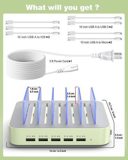 MSTJRY Charging Station for Multiple Devices : 5 Port Multi USB-A Charger Stations Multi-Device Organizer Charging Dock Designed for iPhone iPad Cell Phone Tablets (7 Short Cables Included)