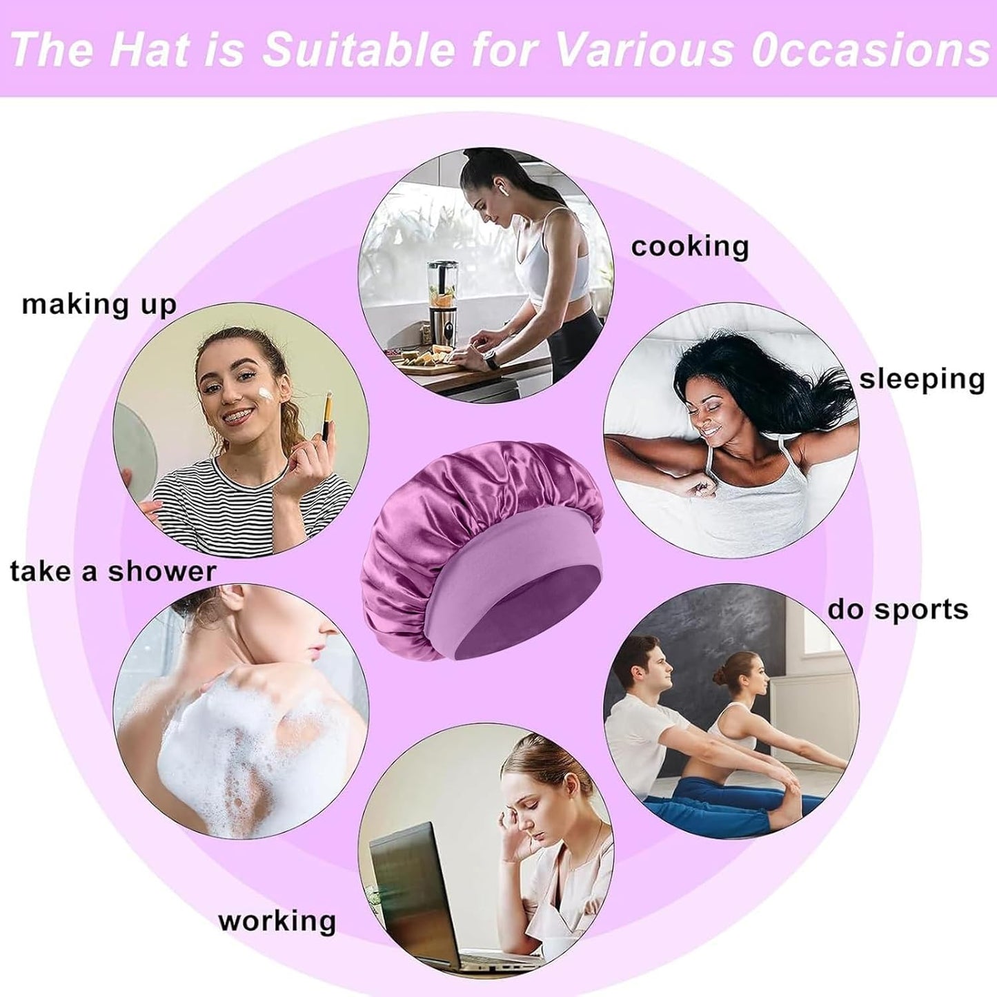 4Pcs Silk Satin Bonnets for Sleeping - Elastic Wide Band Wrap for Black Women Men,Silk Bonnets for Curly Hair,Large Hair Cap for Sleeping (Black+Wine Red+Purple+Brown)