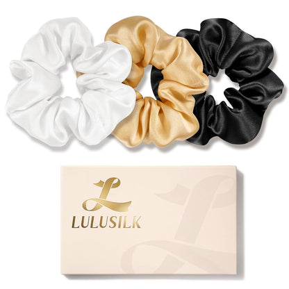 LULUSILK Silk Scrunchies for Hair Sleep, 100% Real Mulberry Silk, No Damage Hair Ties for Women and Girls, Classic Black, Pack of 3