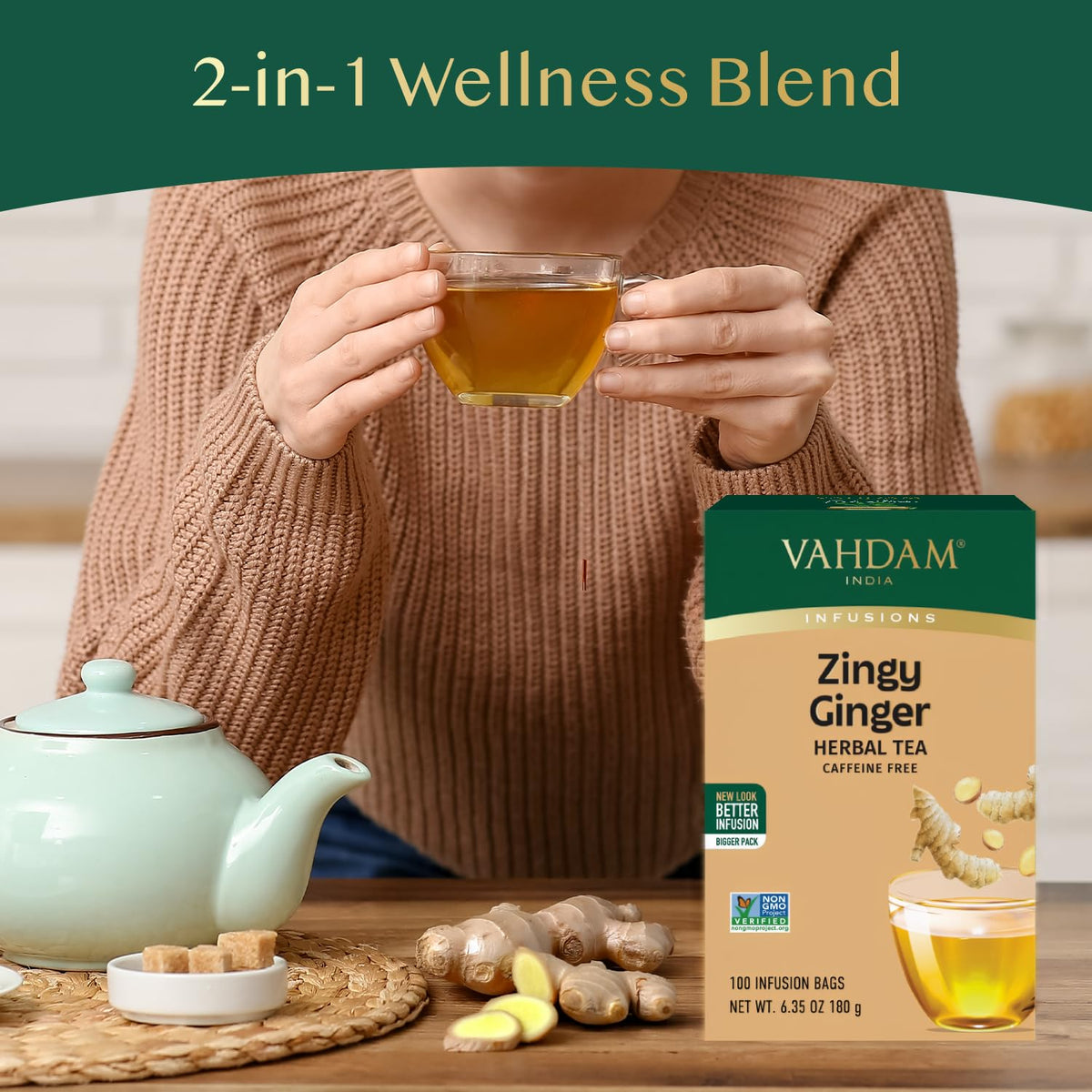 VAHDAM Ginger Tea (100 Teabags) Caffeine Free Herbal Tea |Value Pack