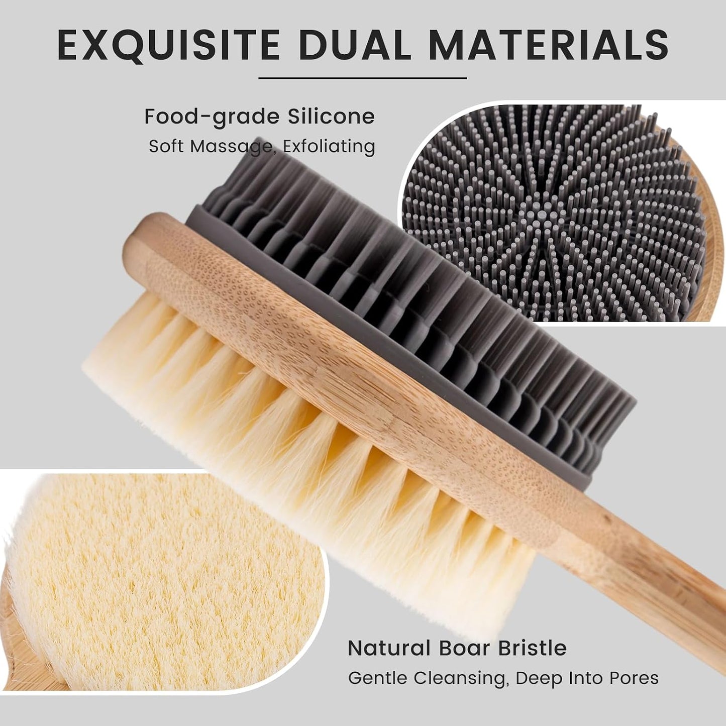 Back Scrubber for Shower，17in Bamboo with Curved Long Handle - Stiff Natural Boar Bristles for Men and Women, Deep Cleansing and Exfoliating, Anti-Slip Grip for Wet or Dry Brushing
