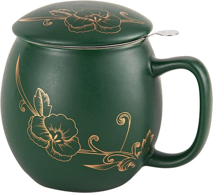Yundu 12 OZ Matte Green Ceramics Teacup with Infuser and Lid, Mug with Lid for Steeping - Stainless Steel Infuser for Loose Leaf Tea, Home Office Gift for Tea Lovers