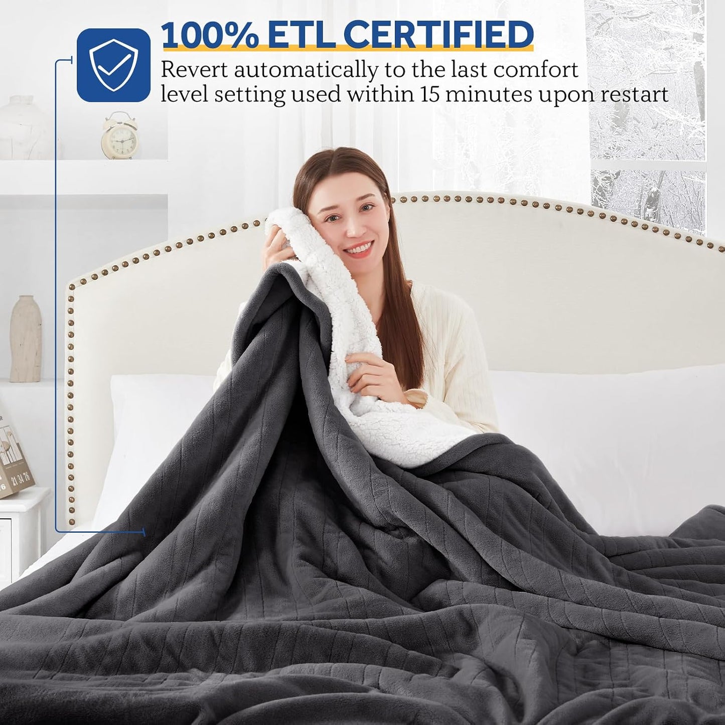 Sealy Electric Throw Blanket, Flannel & Sherpa Heated Throw with 6 Heating Levels & 2-10 Hours Auto Shut Off, Fast Heating & Machine Washable, 50x60 Inch, Light Grey