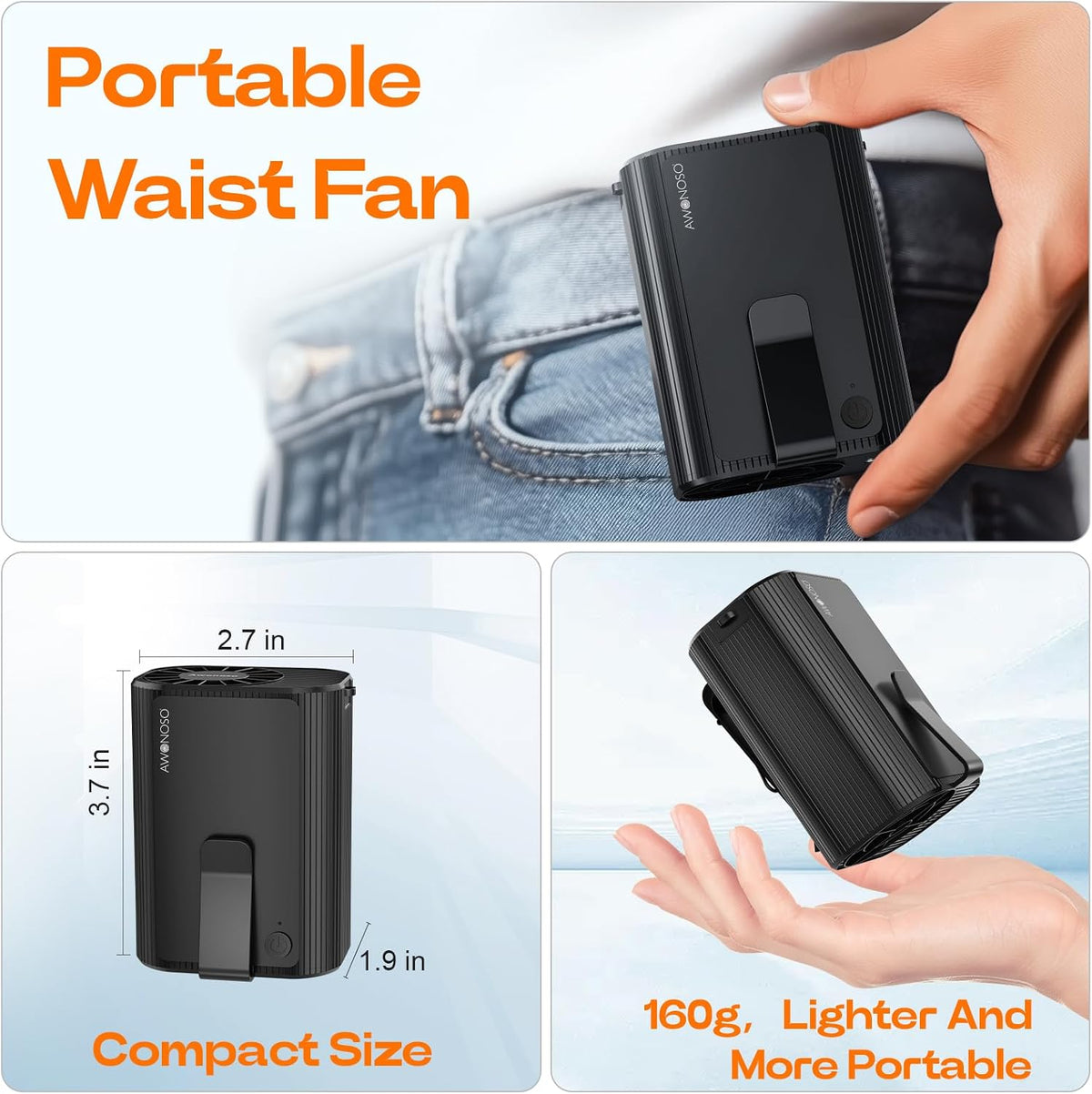 Awonoso 10000RPM Portable Waist Fan Clipped in Wearable Belt Personal Fan, 10000mAh Minimum Gear Endurance Up to 20 hours, 3 Speed Neck Fan, Desk Fans (Black) (Black)