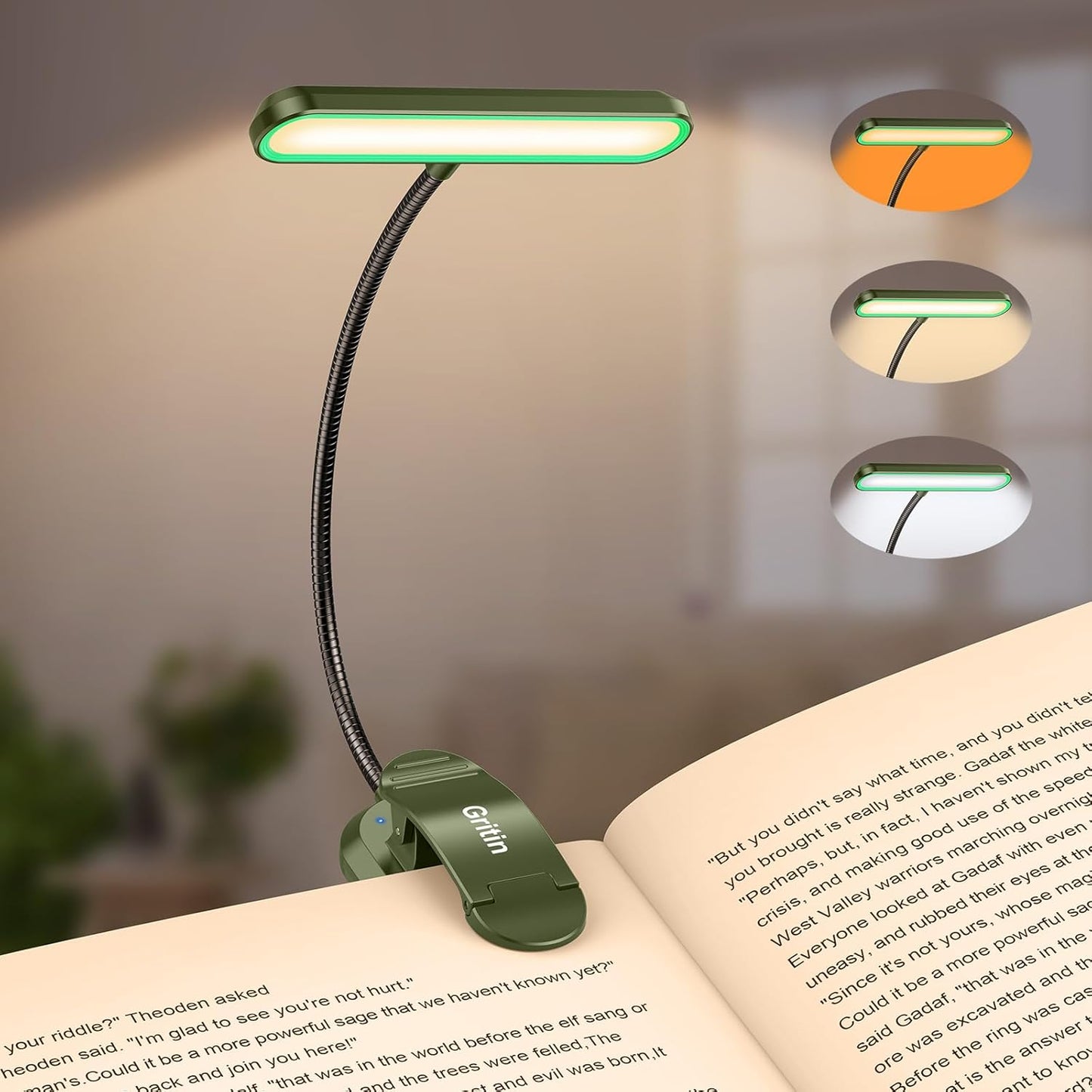 Gritin Rechargeable Book Light for Reading in Bed with 19 LED | Eye Caring 3 Color Temps,5 Brightness Levels,Memory Function,90 Hrs Runtime Flexible Goose Neck Clip on Light for Book Lovers
