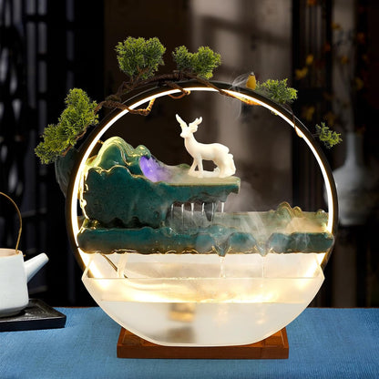 Mini Artificial Bonsai Tree Waterfall Fog Feature Rock Tabletop Fountain | 11in Desktop Decor Waterfall Fountain W/ Water Pump& Atomizer&LED Lights &Fake Tree Office Bedroom Relax