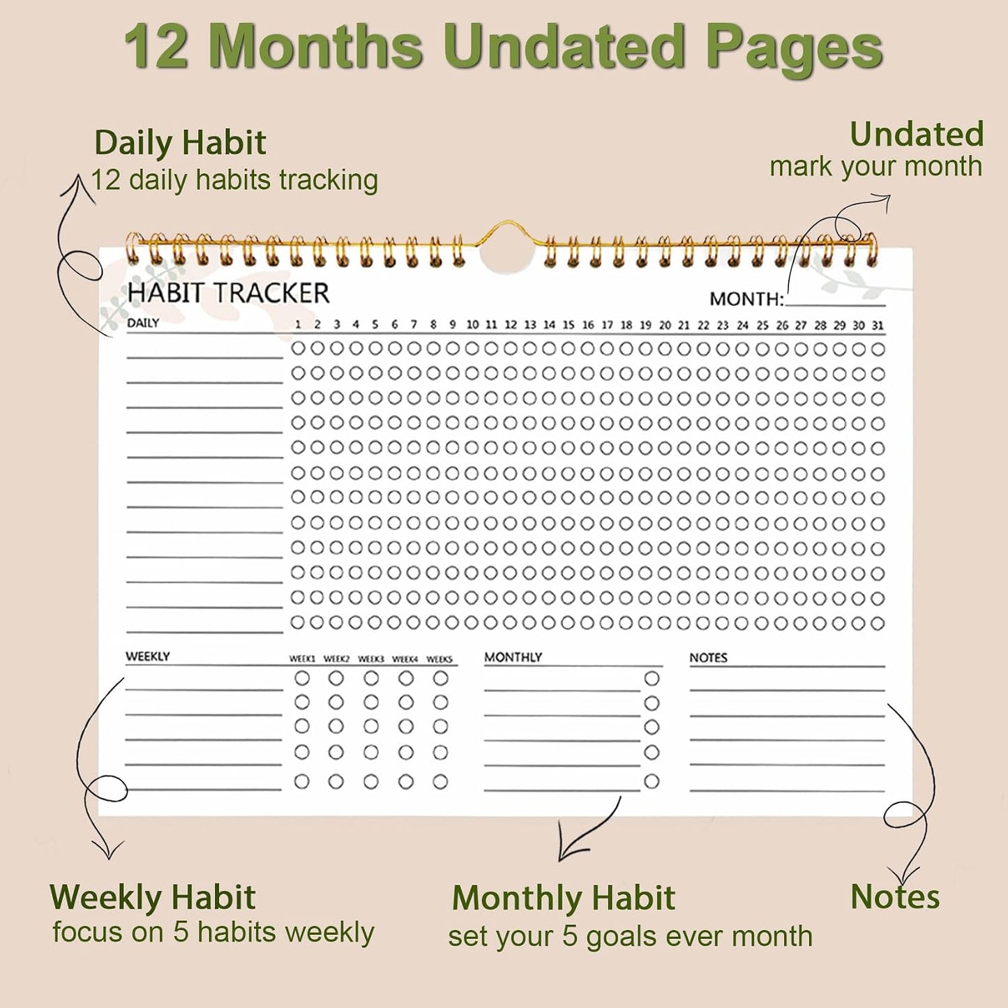 Habit Tracker Calendar, Aesthetic Daily Weekly Goal and Habit Tracker Journal, 12 Months Undated Habits Tracker Planner with Spiral Binding, Boost Productivity Tool and Workout Calendar, 11.7"x8.5"