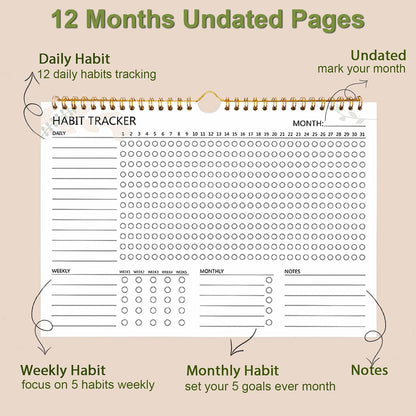 Habit Tracker Calendar, Aesthetic Daily Weekly Goal and Habit Tracker Journal, 12 Months Undated Habits Tracker Planner with Spiral Binding, Boost Productivity Tool and Workout Calendar, 11.7"x8.5"