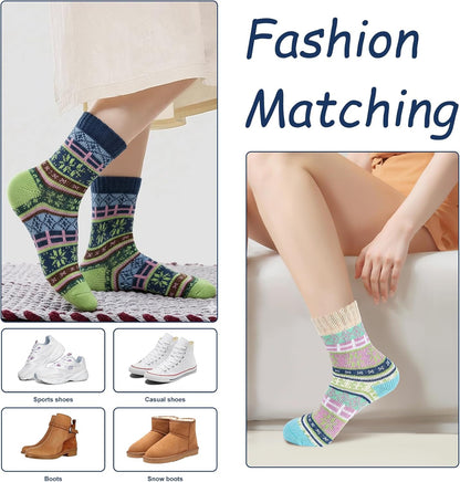 YANGYANG 5 Pairs Winter Warm Thick Crew Knit Socks for Women, Christmas Gifts, Stocking Stuffers