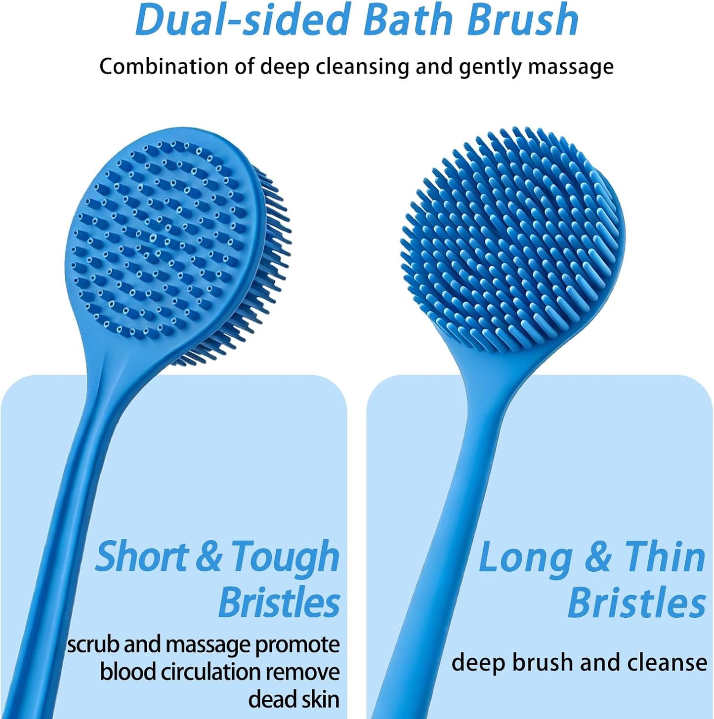 Silicone Back Scrubber for Shower, 17in Lengthen Long Handle Body Brush, Double Sided Shower Brush for Shower Exfoliating and Massage,Includes 2 Hooks (Black)