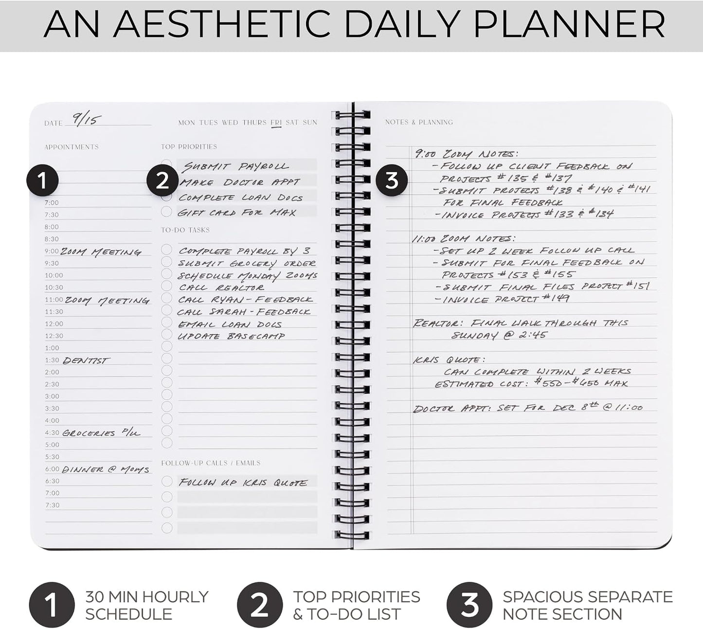 Beautiful Daily Planner And Notebook With Hourly Schedule - Aesthetic Spiral To do List Notepad to Easily Organize Your Tasks And Appointments - Stylish Book And School Or Office Supplies For Women