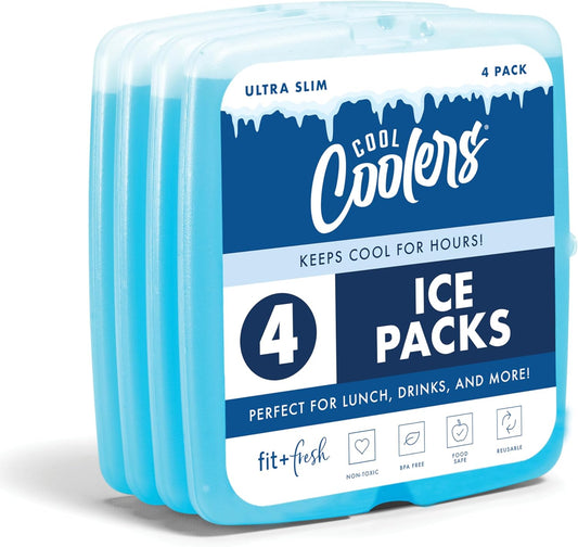 Fit + Fresh Cool Coolers Slim, Reusable Ice Packs for Lunch Bags, Beach Bags, Coolers, and More, Set of 4, Multicolored