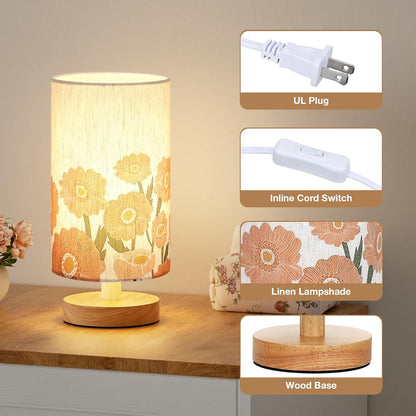 Fenmzee Small Table Lamp for Bedroom - Inline Control, Bedside Lamp with 3000K A15 LED Blub, Easy Assembly (Cream Shade - Wood Base, 9" Inline Control)