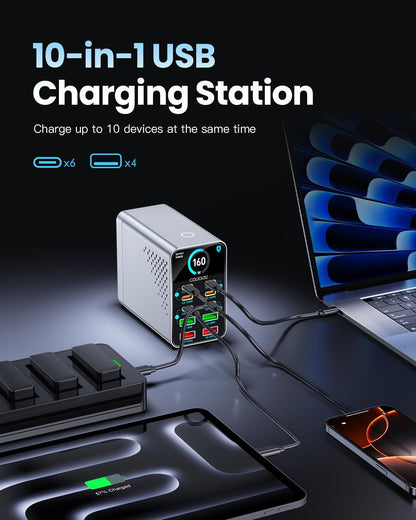 160W Max 10-Port GaN USB C Charger Block, for MacBook Pro, Laptop Charger