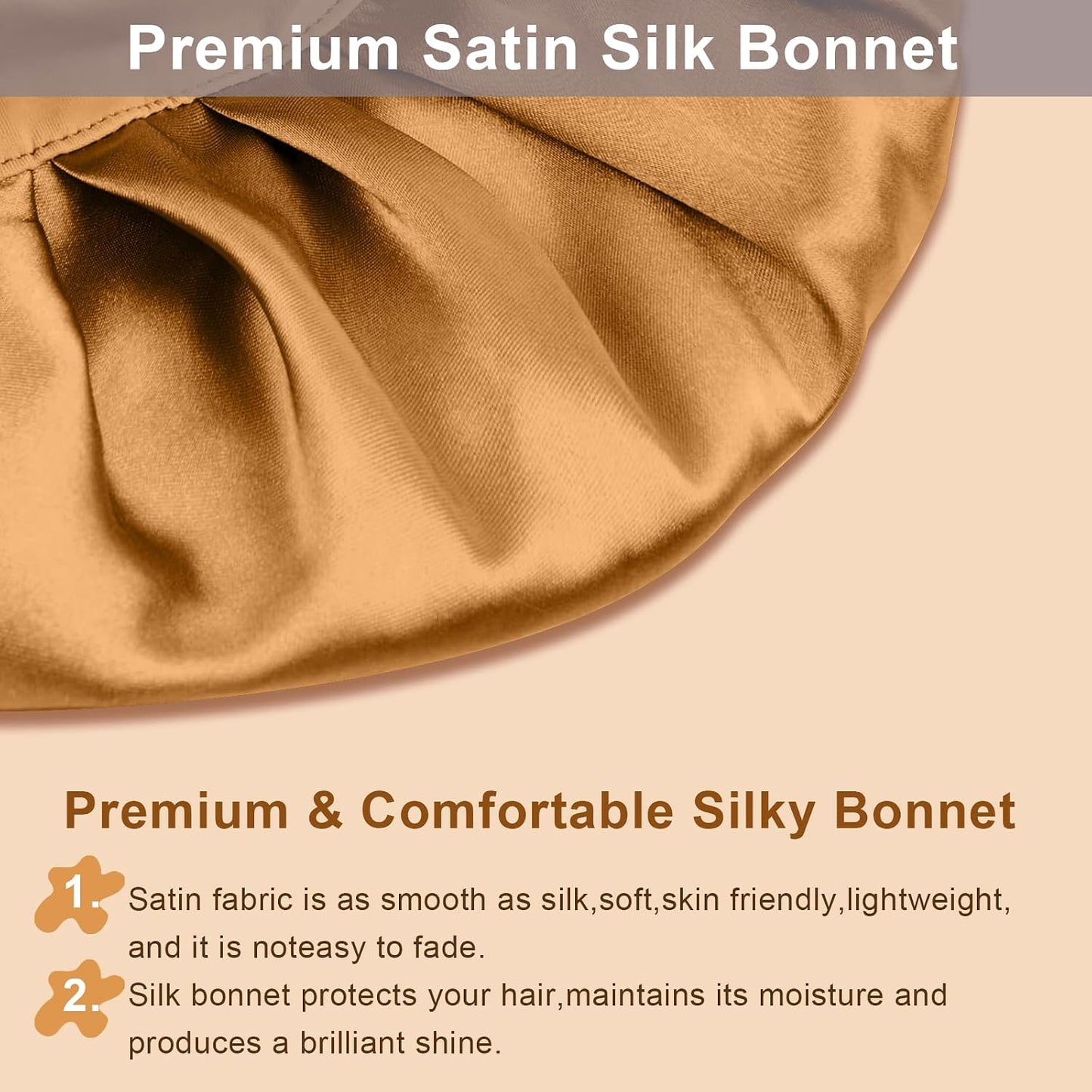 2Pcs Silk Hair Satin Bonnet for Sleeping Women,Large Satin Sleep Bonnets for Women with Elastic Tie Band Silk Hair Wrap with Ajustable Straps,Night Sleep Cap for Curly Braids,Black+Rose Gold