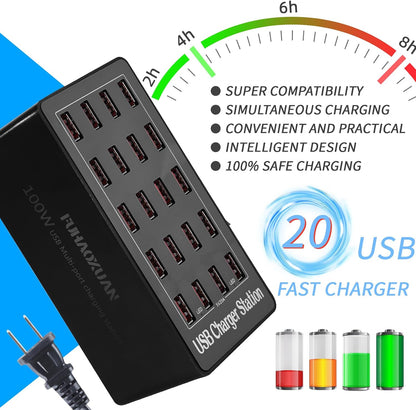 Charging Station, 100W 20-Port USB Multi Device Charger Hub with Intelligent Safety Features, Compact Power Strip for Phones, Watches, Pads, Speakers, Headphones & PS, Ideal for Home Office & Travel