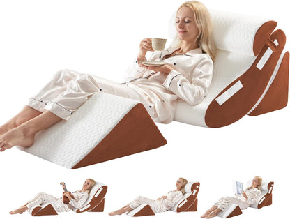 4PCS Orthopedic Bed Wedge Pillow Set for Sleeping, Post Surgery Foam Support Pillows for Back, Neck and Leg Pain Relief, Adjustable Triangle Pillow – Acid Reflux, GERD & Snoring Recovery, White Grey