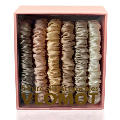 VLOMOT 6 Pcs Set 100% Pure Mulberry Silk Hair Scrunchies - 6 Chic Colors Everyday Skinny Scrunchies Silk Ponytail Holders - No Damage (Purple)