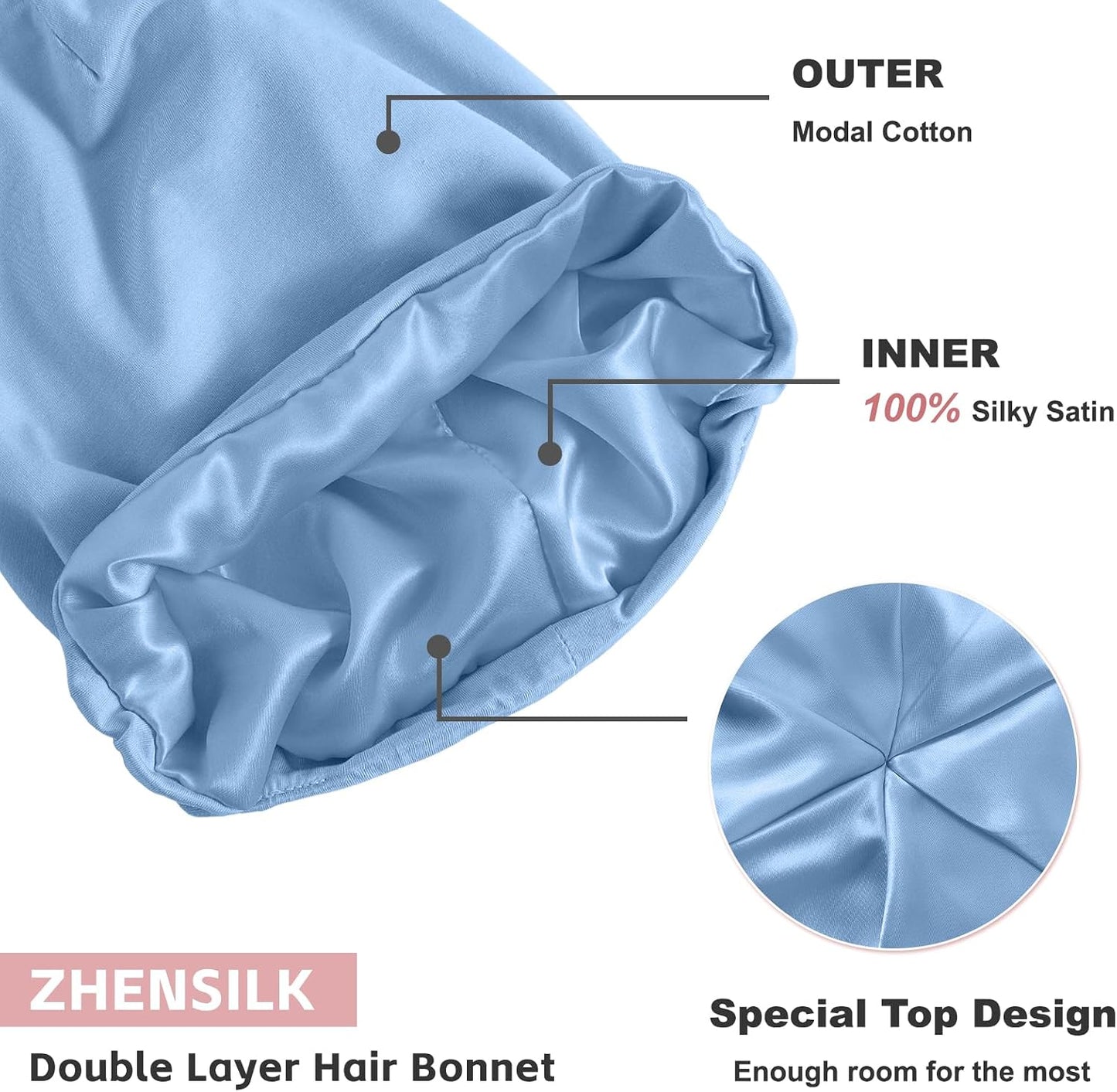 ZHENSILK Silk Bonnet for Sleeping Women, Adjustable Silky Satin Lined Sleep Cap, Silk Hair Wrap Slouch Beanie Hat