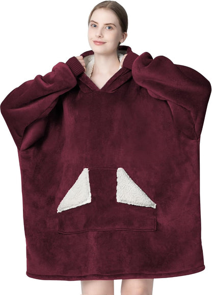 Touchat Wearable Blanket Hoodie, Oversized Sherpa Blanket Sweatshirt with Hood Pocket and Sleeves, Super Soft Warm Plush Hooded Blanket for Adult Women Men, One Size Fits All (Pink)