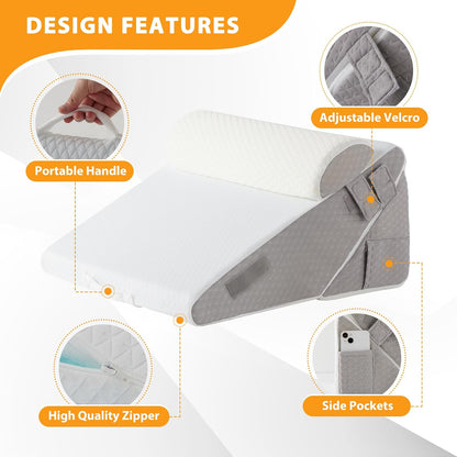 Ruqmuis Wedge Pillow Set for After Surgery, 3PCS Adjustable 9&12 Inch Bed Wedge Pillow for Sleeping, Incline Pillow Wedge for Headboard, Post Surgery, Acid Reflux, Neck&Back Support, White/Grey