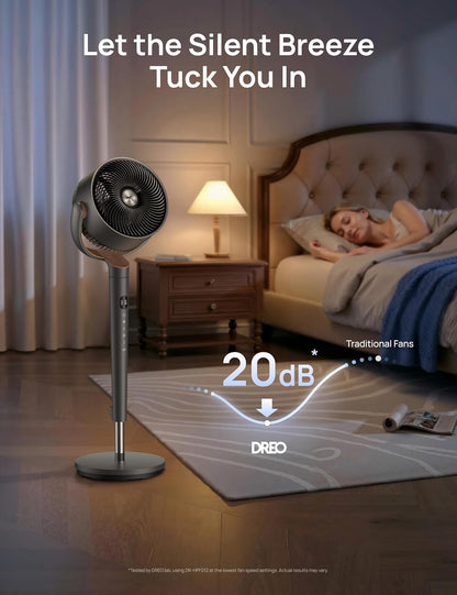DREO Fan for Bedroom, 120° Oscillating Standing Fan, Quiet Floor Fan with DC Motor, Pedestal Fan for Room, 9 Speeds, 4 modes, 20dB, 120° Manual Vertical, 37-42" Adjustable Height, 9H Timer, Dark Gray