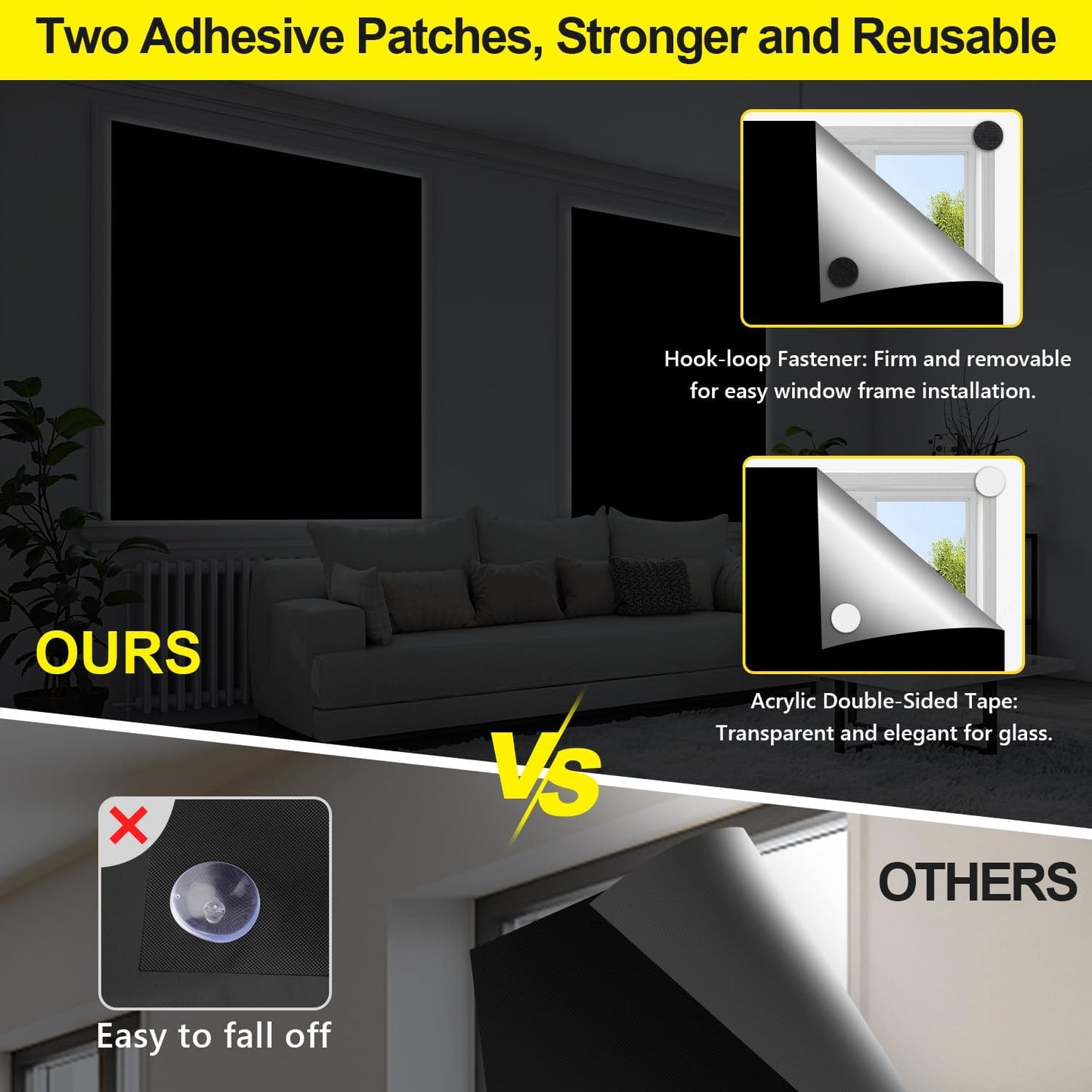 FADOTY Blackout Curtains for Bedroom, Portable 100% Black Out Window Cover Film, Cuttable Blackout Shades Fabric Sheet, No Drill Window Blinds, Sun Heat Light Blocker for Travel Media Dorm, 57'' W