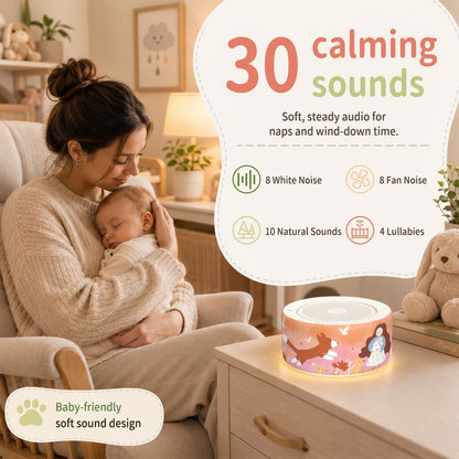 Kipcush White Noise Machine for Baby & Adults, 30 Soothing Sounds, Soft Non-Glare Nursery Lamp, 8 Color Night Lights, Memory Function (Angel V1 White, Standard)