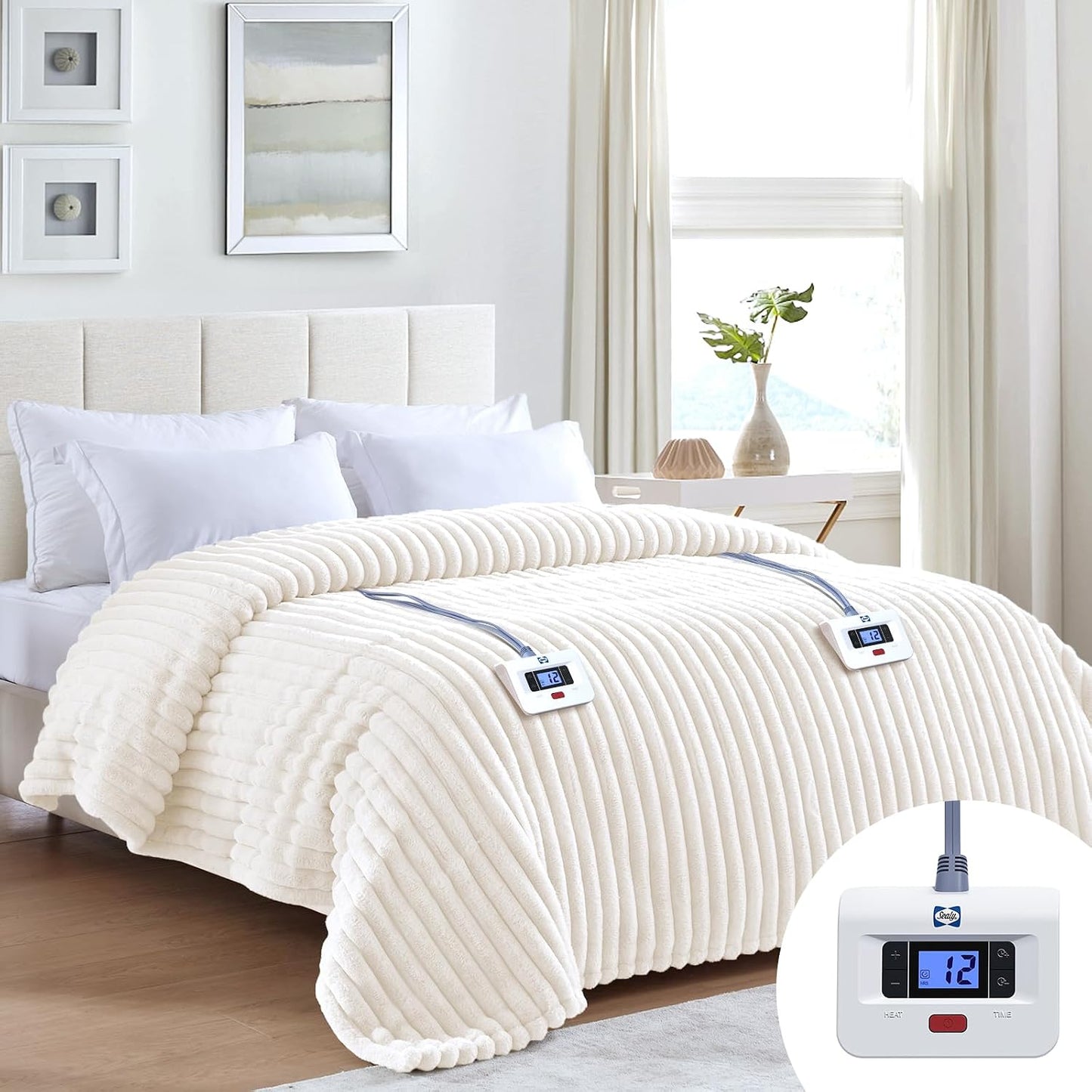Sealy Electric Blanket Throw Size 50"*60",Super Cozy Faux Fur to Sherpa Reversible Heated Blanket Throw with 6 Heating Levels & 2-10 Hours Auto Off Overheating Protection Machine Washable,Blue White