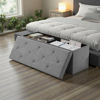 DUMOS 43 Inch Folding Storage Ottoman Bench, Large Hidden Storage Chest with Thicker Foam Padded Seat, End of Bed Foot Rest Stool for Bedroom Living Room Entryway, Load 660 lbs, Grey