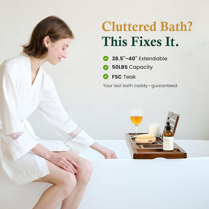 Bamboo Bathtub Tray, Bath Caddy with Wine Glass Holder, Phone Dock & Book Stand | Hands-Free Reading & Ultimate Spa Relaxation Experience-Brown