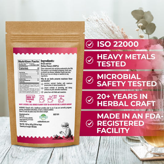 30 Bags Mallow Flowers Herbal Tea (Malva Sylvestris) - 30 Count 1.5g Bags Dried Mallow Flower Herb Tea