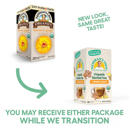 Newman’s Own Organic Turmeric Ginger Herbal Tea Caffeine-Free May Aid Digestion and Boost Immunity Turmeric Tea with 20 Individually Wrapped Tea Bags Per Box (Pack of 2) USDA Certified