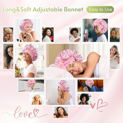BONNET QUEEN Silk Bonnet for Sleeping for Women Satin Bonnet Night Cap for Curly Hair with Tie Band, Single Layer, Cream Pink