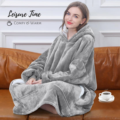 Kipswiza Wearable Blanket Hoodie Gifts for Women and Men, Oversized Cozy Warm Flannel Sherpa Hooded Blankets Sweatshirt with Giant Pockets for Adult and Teens, Dark Gray