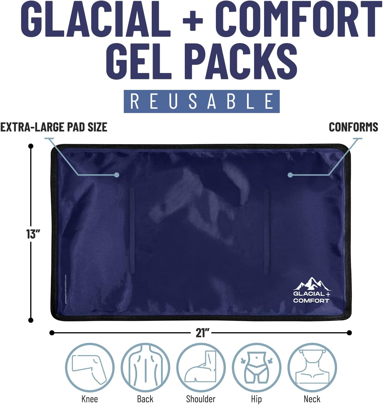 Glacial Comfort Large Gel Ice Pack for Injuries Reusable - (15" x 11") Cold Pads for Back Pain, Hip, Knee, Shoulder, Muscle Strains, Migraine & Postpartum Recovery, Flex Technology - Compression Pad.