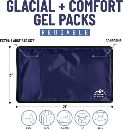 Glacial Comfort Large Gel Ice Pack for Injuries Reusable - (15" x 11") Cold Pads for Back Pain, Hip, Knee, Shoulder, Muscle Strains, Migraine & Postpartum Recovery, Flex Technology - Compression Pad.