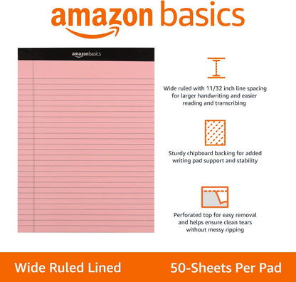Amazon Basics Wide Ruled Lined Writing Note Pads for Office Supplies, 8.5" x 11.75", White, 12-Pack of 50 Perforated Sheets