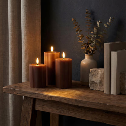 Ribbed Fluted Real Wax Flameless LED Pillar Candles, Loden Sage Olive Green, Melted-Wax Top Look, Flickering Flame, Battery Operated, Remote & Timer, Shelf & Wedding Decor (Set of 3)