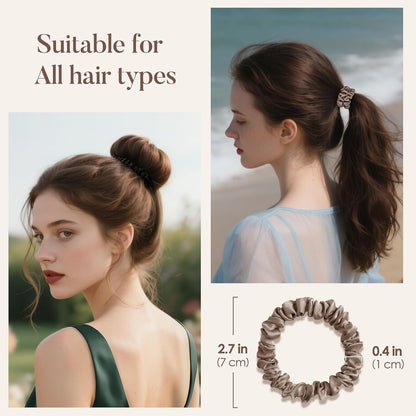 LULUSILK Small Silk Hair Ties No Damage, 100% Real Mulberry Silk, Skinny Scrunchies Ponytail Holders for Thin Fine Hair, Brown, Pack of 3