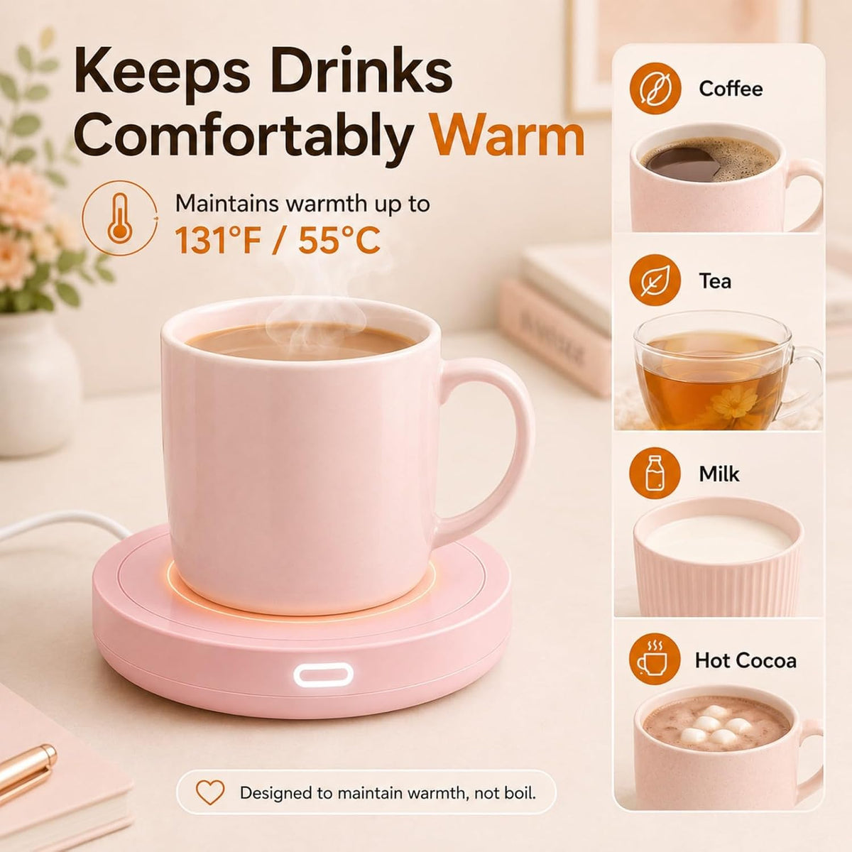 BESTINNKITS White Smart Coffee Auto On/Off Gravity-Induction Mug Office Desk Use, Candle Wax Cup Warmer Heating Plate (Up to 131F/55C)