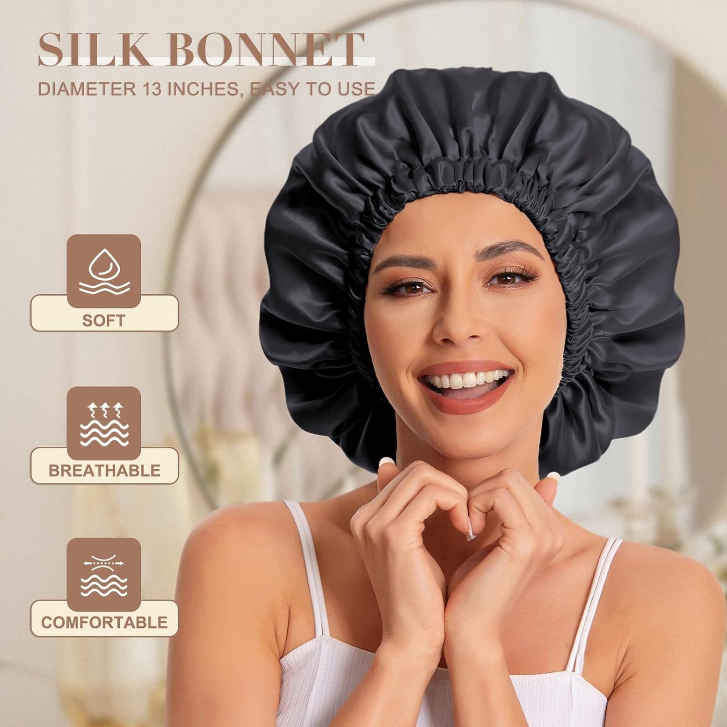 Satin Bonnet Silk Bonnet Hair Bonnet for Sleeping-Slouchy Beanie Hat Satin Sleep Cap for Women's Natural & Curly Hair(Blue Zircon)