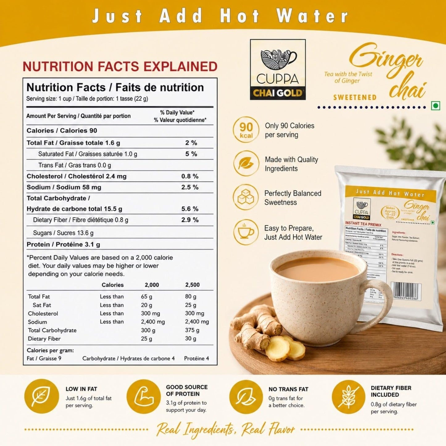 Chai Gold Instant Chai Tea Premix Powder - Sweetened Milk Tea Latte Mix for Home and Beverage Dispensers - [500g / 1.1 lb Bulk Bag] (Kadak)