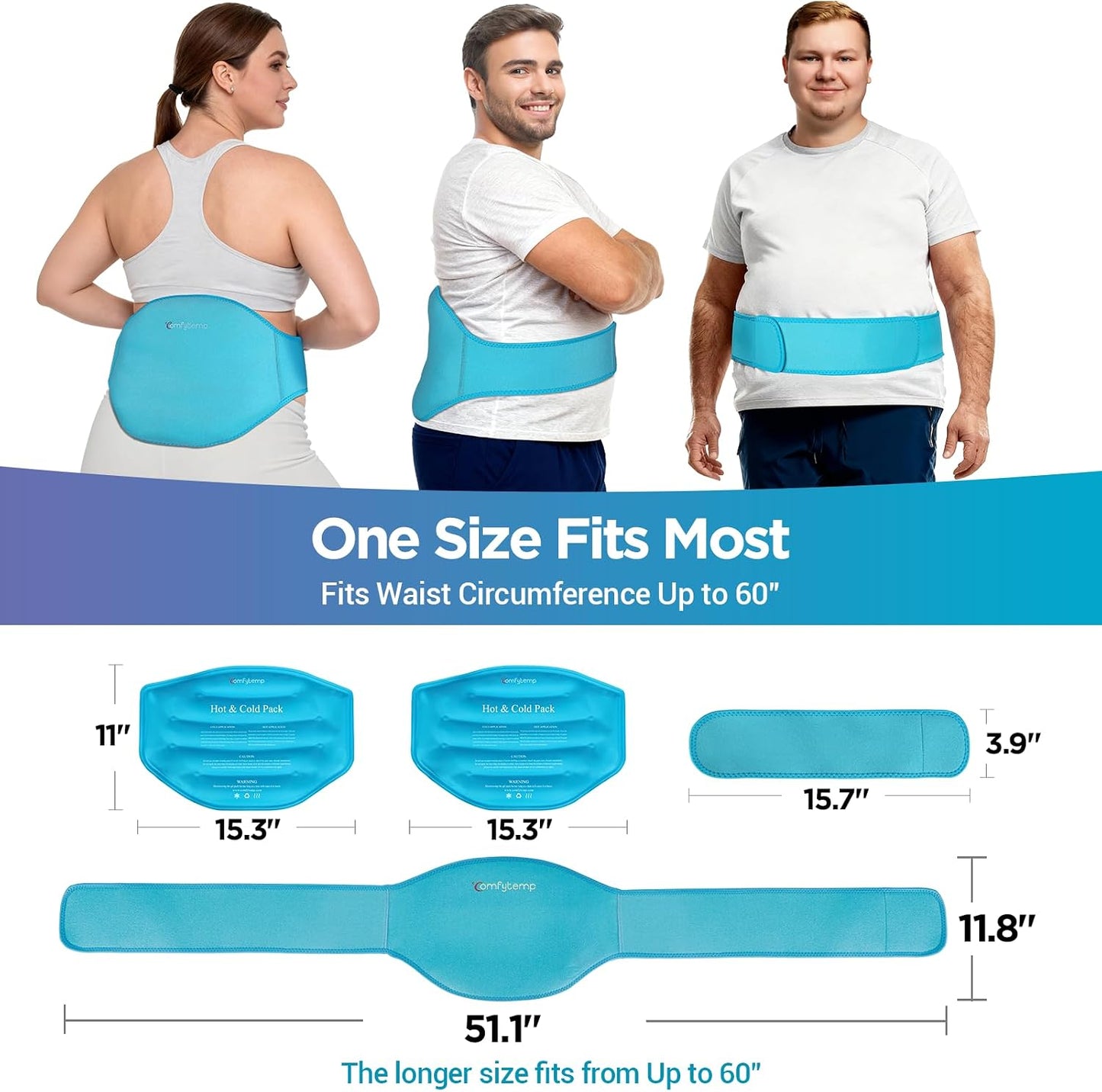 Comfytemp Ice Pack for Back Pain Relief, 2 Pcs, Sciatica Ease Brace, Reusable Gel Lower Back Ice Wrap for Injuries, Hot Cold Compress for Lower Lumbar, Waist, Men Women After Surgery (Blue)