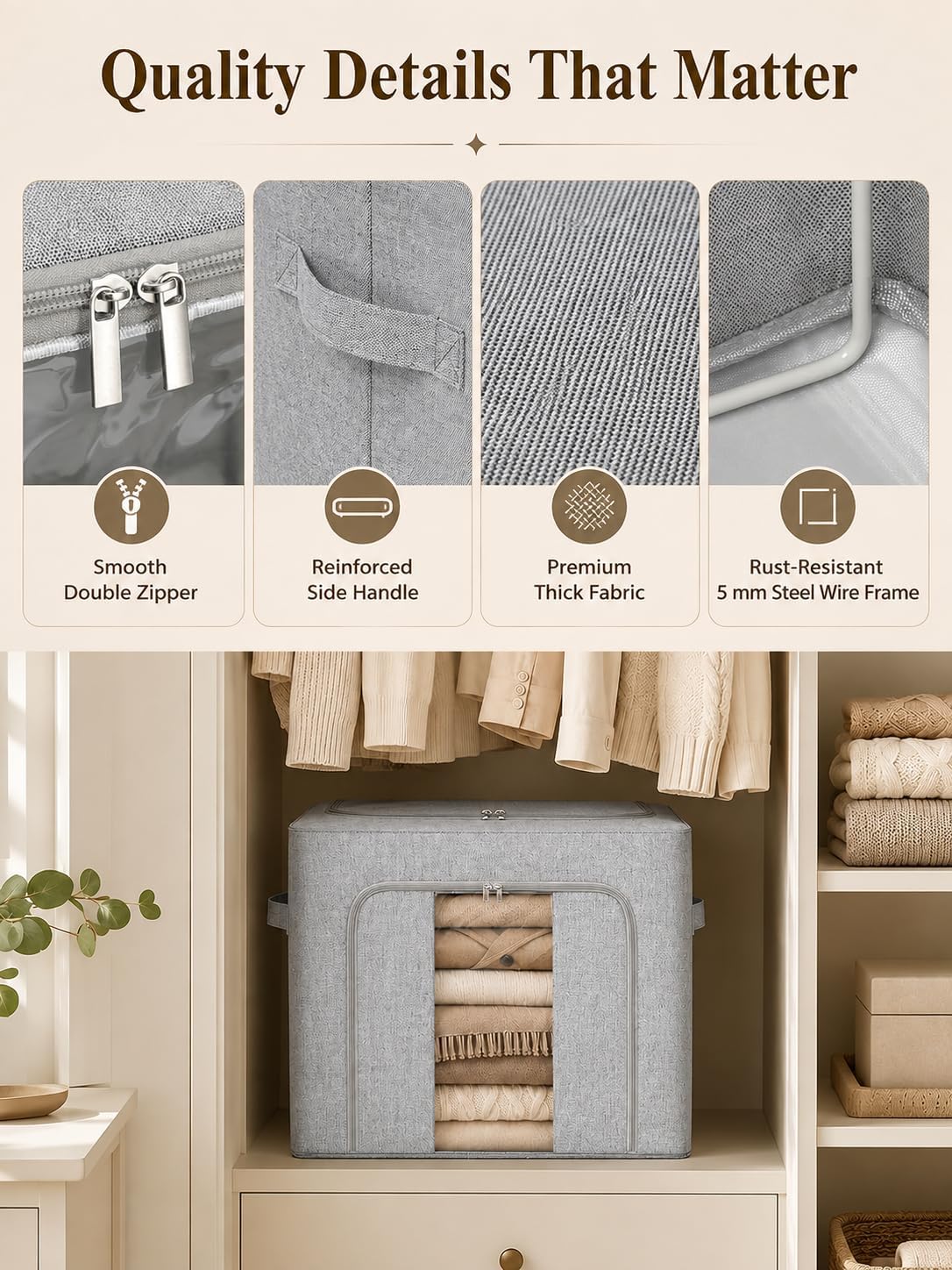 punemi 60L Sturdy Comforter Storage Bag, Blanket Organizer, Grey