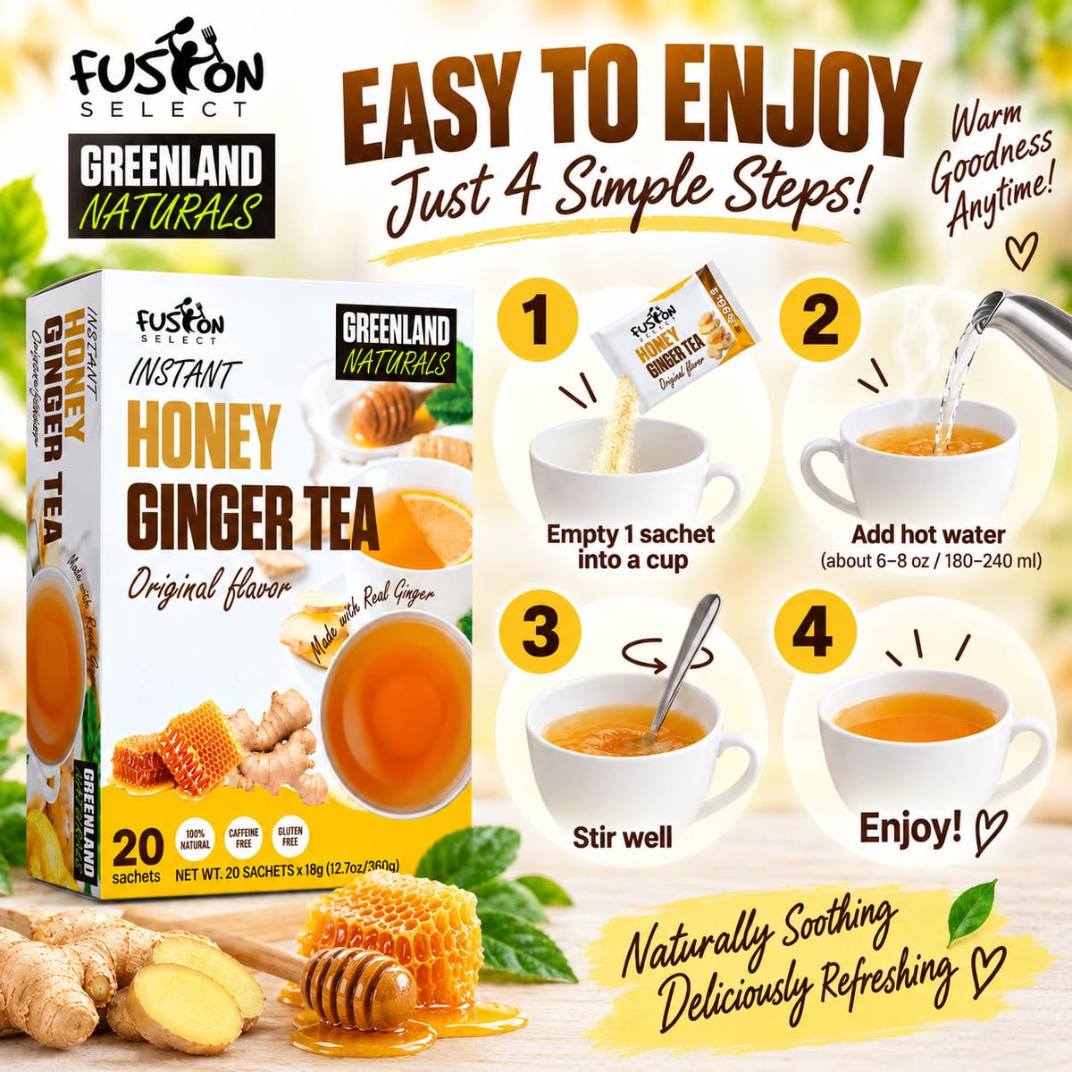 Fusion Select 20 Sachets Original Ginger Honey Crystals Packets - Crystallized Ginger Tea with Honey - Easy-to-Prepare Instant Drink Mix - Natural Ingredients with No Caffeine