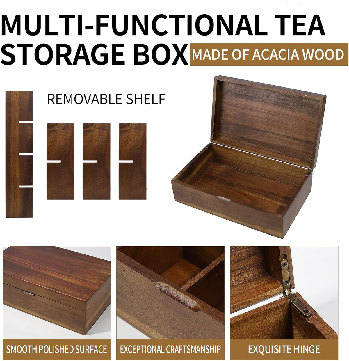 Acacia Wooden Tea Bag Organizer Box, Countertop Tea Station