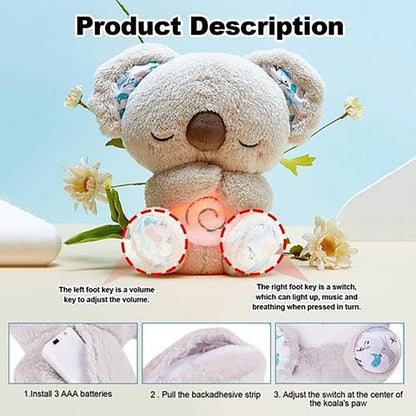 QFCST Relief Koala Breathing Stuffed Toy, Anxiety Relief Plush Breathing Animal, Sleeping Koala Plush Breathing with Musical Lights & Rhythmic Breathing Motion